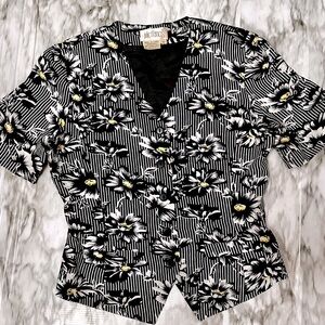 Julie Francis Vtg Black White Daisy Silk Women Sz 8 Short Sleeve Fitted Jacket